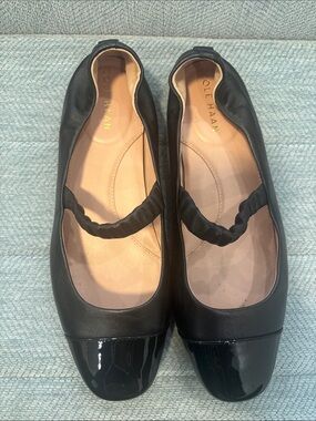 Cole Haan Black Leather Mary Jane Flats with Patent Toe